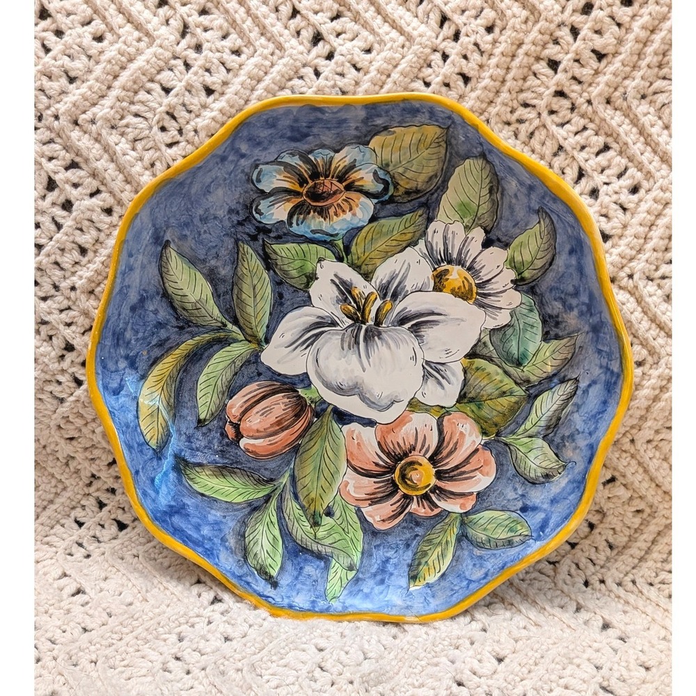 Mayolica Santa Rosa Mexican Talavera Pottery Floral Plate 11.5" Guanajuato Blue